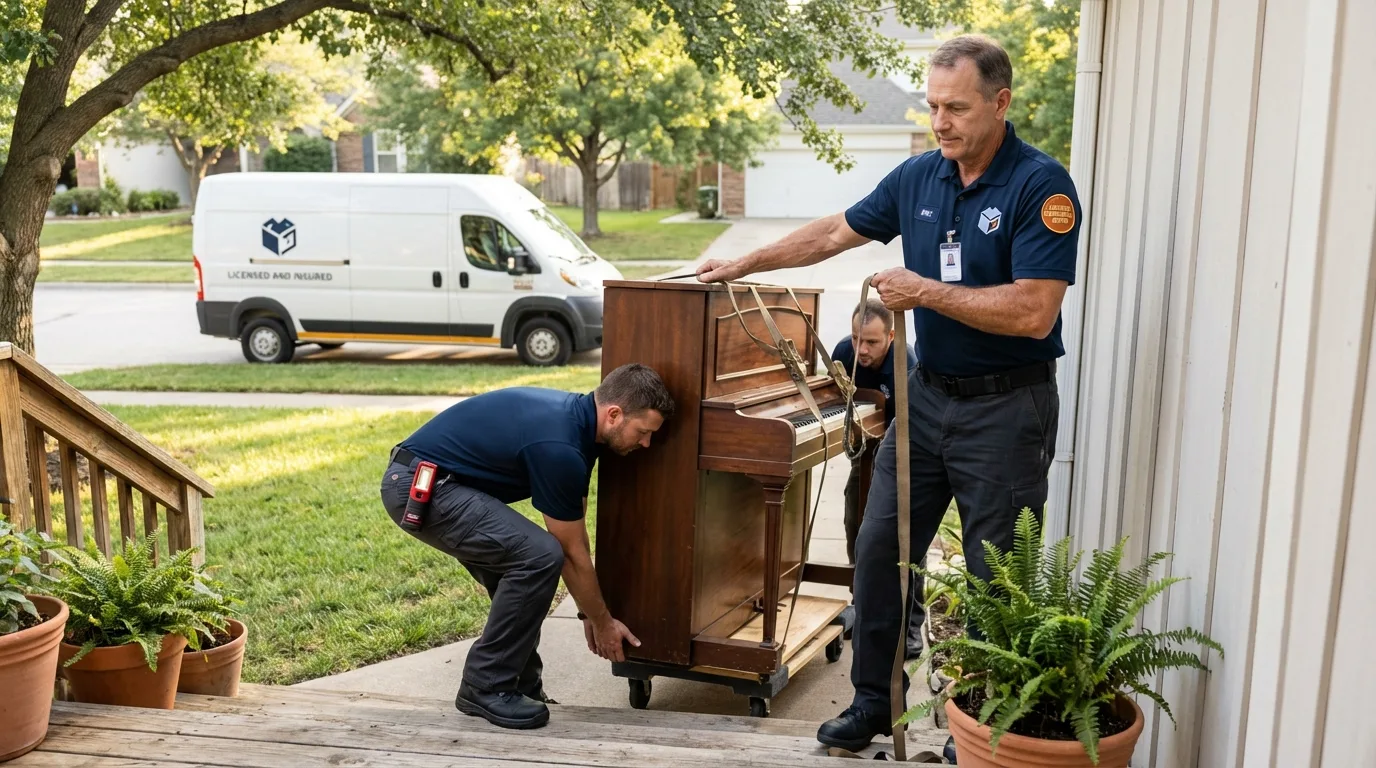 Licensed piano movers securing grand piano in Fulton, TX
