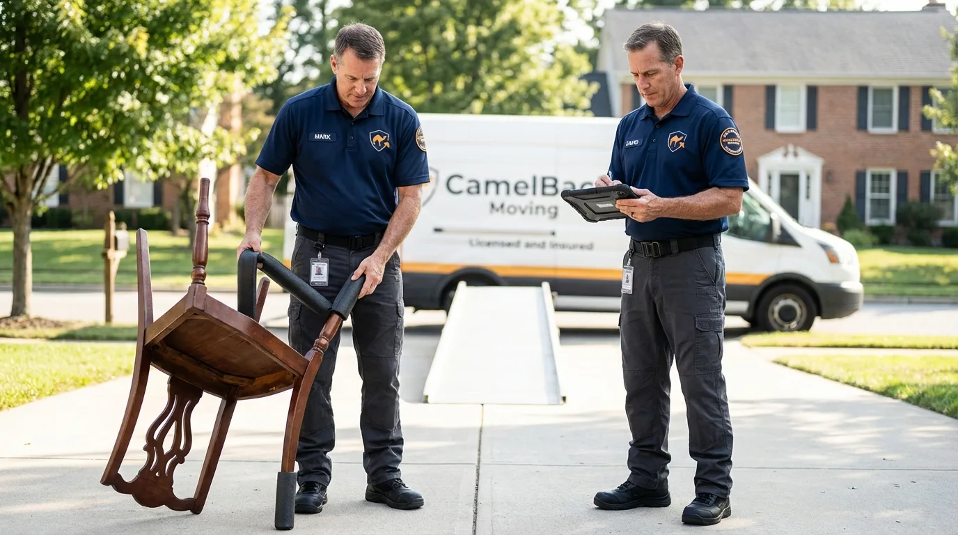 Movers inspecting furniture for damage prevention before loading in Fulton, TX