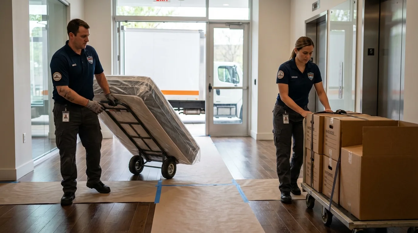 Professional apartment movers loading elevator in Fulton, TX